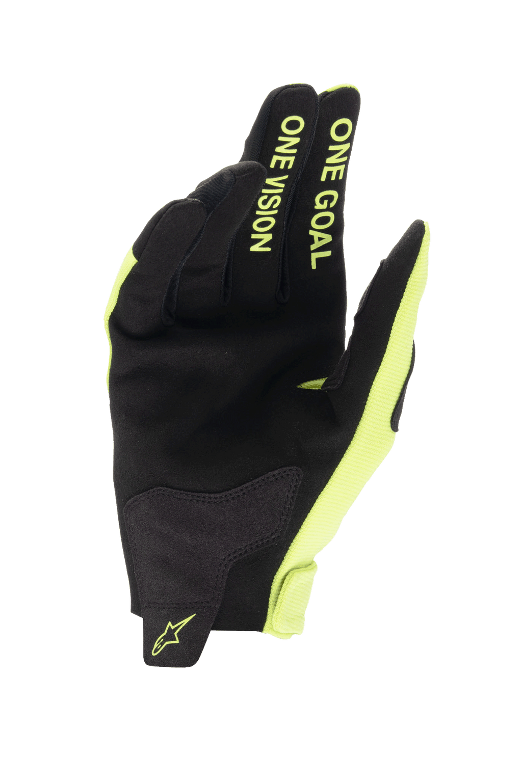 Alpinestars Youth 2024 Radar Gloves, Motocross Gloves, Black and Yellow Fluo, palm view featuring synthetic suede construction, "ONE GOAL ONE VISION" text on fingers in fluorescent yellow, durable design for off-road racing