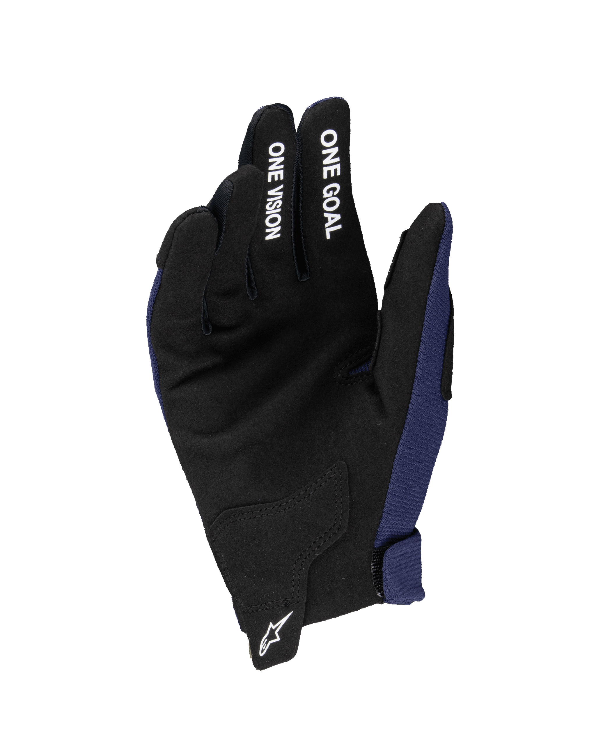 Alpinestars 2025 Youth Radar Gloves, Motocross Gloves, Night Navy and Black, showing synthetic suede palm with 'ONE GOAL' and 'ONE VISION' white text on fingers, white Astars logo on wrist, single-layer construction for off-road riding
