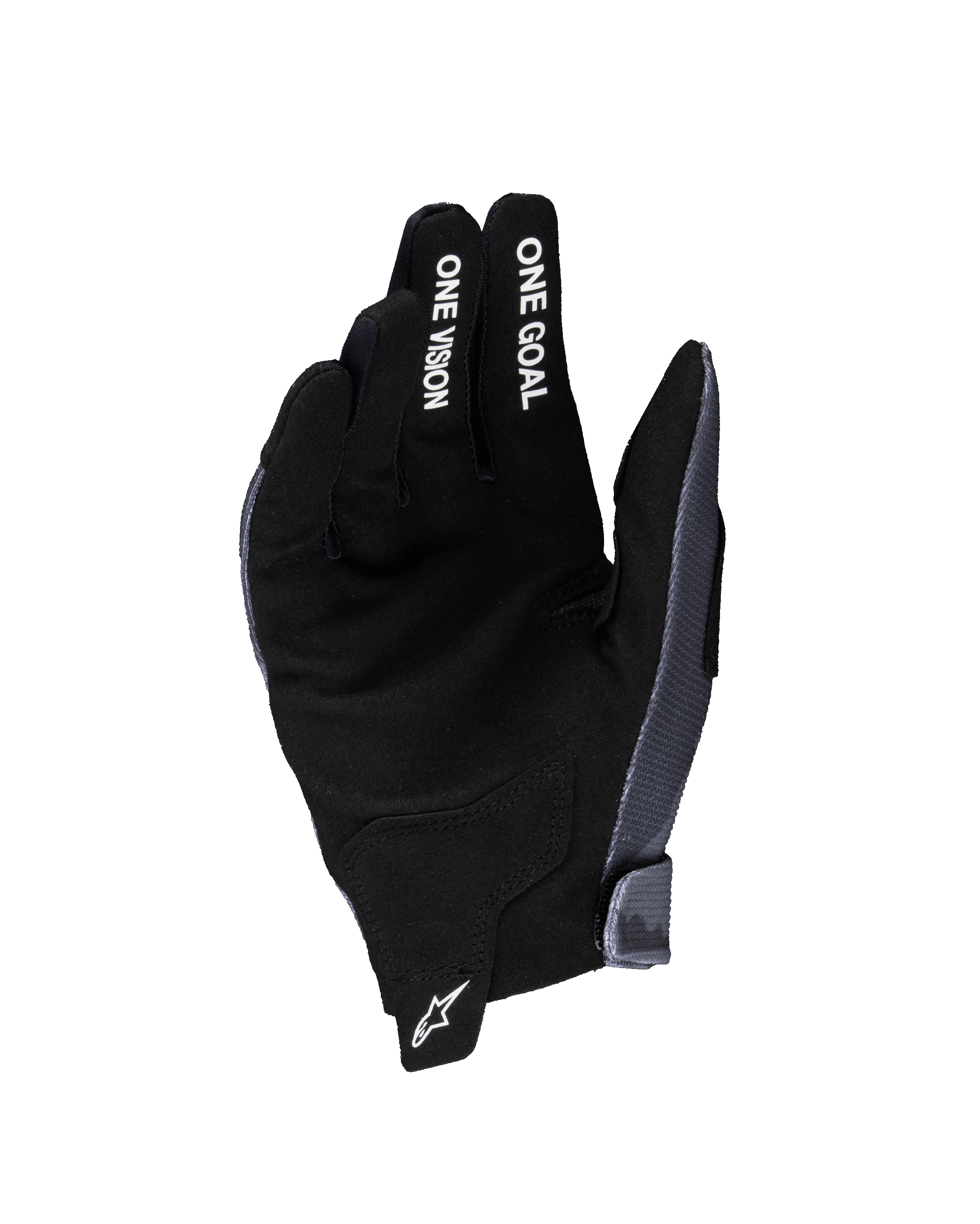 Alpinestars 2025 Youth Radar Gloves, Motocross Gloves, Gray and Black, palm side view with synthetic suede material, white 'ONE GOAL' and 'ONE VISION' text on fingers, white star logo on wrist pull tab, specialized for youth off-road racing