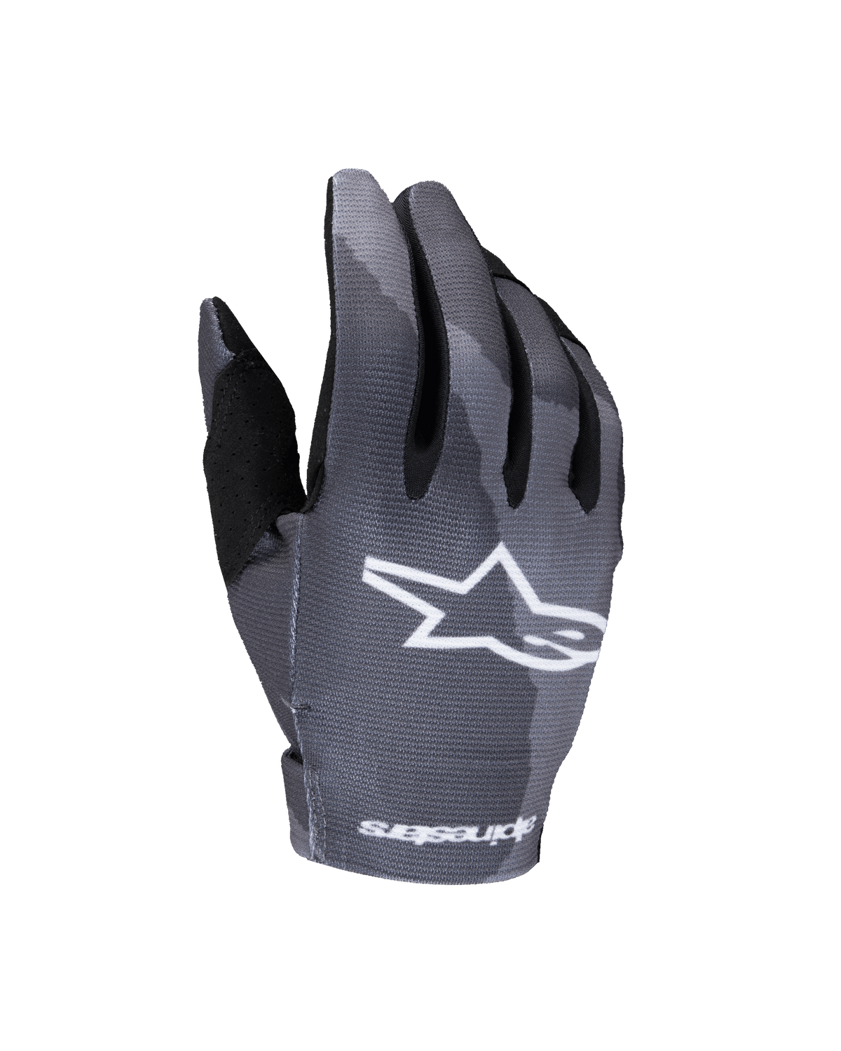 Alpinestars 2025 Youth Radar Gloves, Motocross Gloves, Gray Dark Camo, featuring a white star logo on the backhand, sublimated camouflage pattern, black thumb reinforcement, and lightweight construction for youth off-road racing