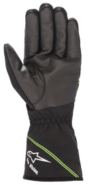 Alpinestars Youth Tempest V2 Waterproof Gloves, Karting Gloves, Black with Fluorescent Green accents, palm view showing textured rubber composite for enhanced grip, gauntlet cuff with white Alpinestars logo and 'One Vision.' branding, diagonal green stripes, designed for wet-weather racing