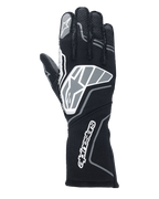 Alpinestars Tech-1 ZX V4 Gloves, Auto Racing Gloves, Black and Anthracite Gray, featuring a large star logo on the backhand and Alpinestars wordmark on the long gauntlet cuff, star logo on the index finger, professional flame-resistant construction