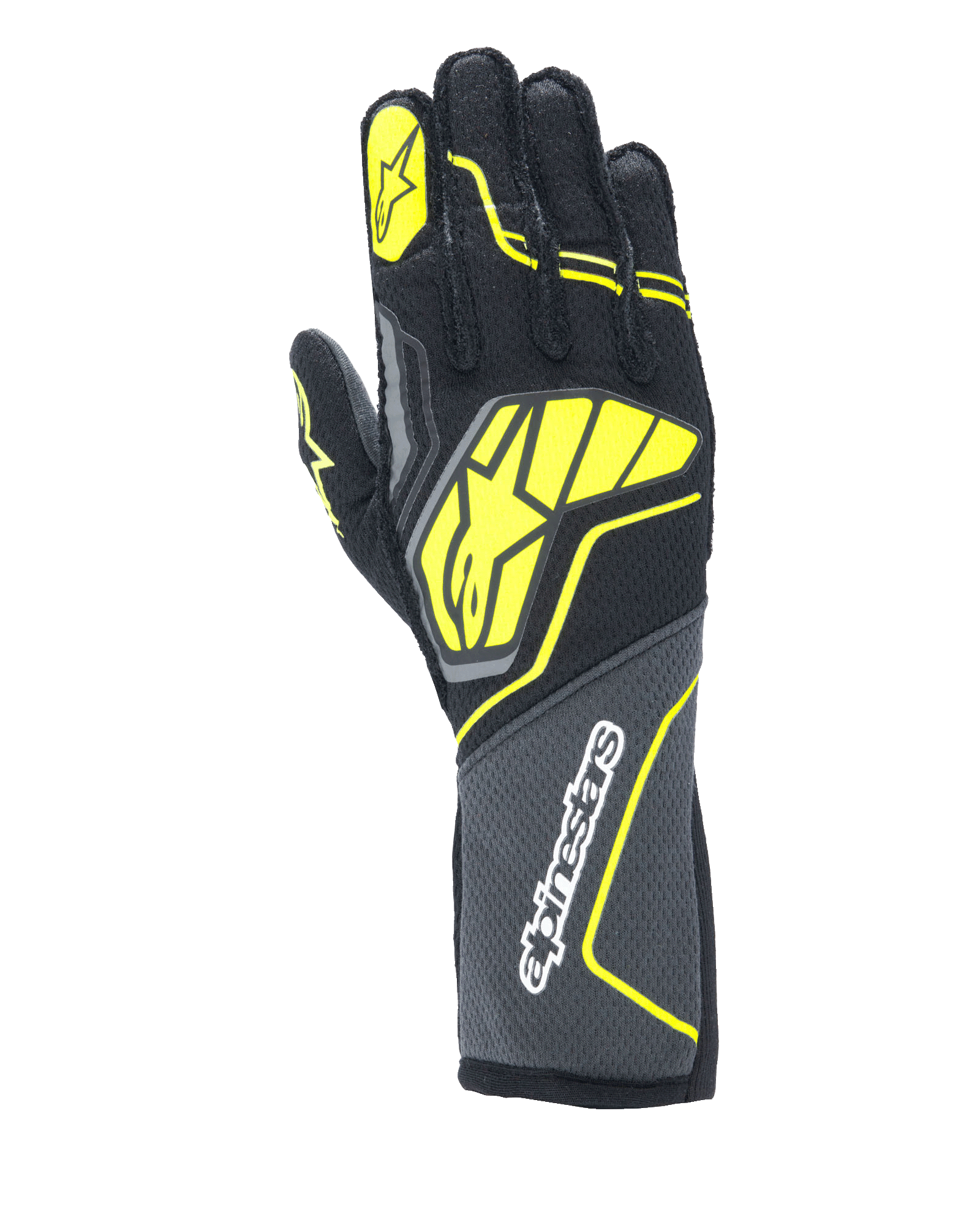 Alpinestars Tech-1 ZX V4 Gloves, Auto Racing Gloves, Tar Gray, Black and Yellow Fluo, featuring a large yellow star logo on the back and white branding on the cuff, honeycomb textured fabric with angular neon accents, professional motorsport gear.