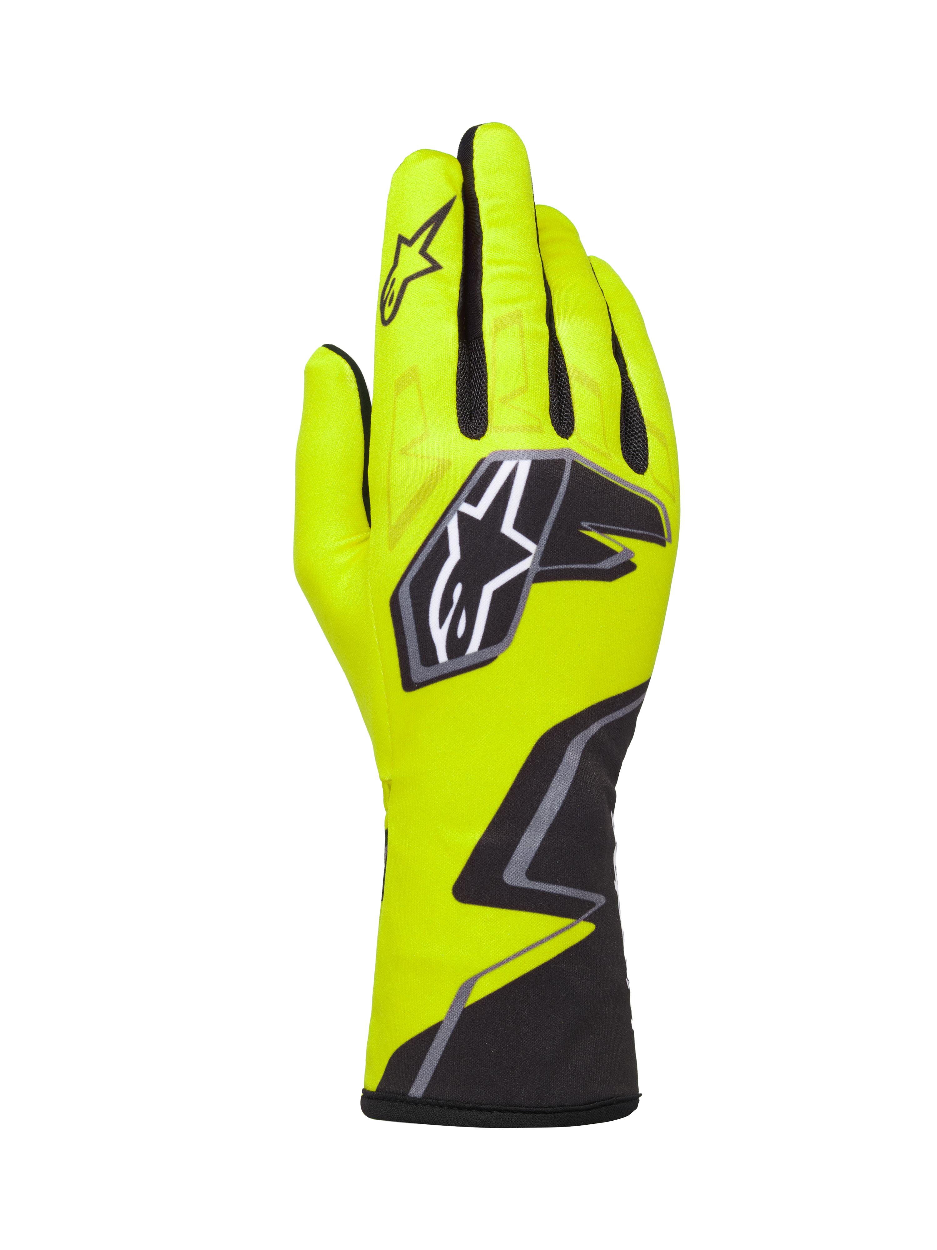 Alpinestars Tech-1 K Race V2 Gloves Graphic 1, Karting Racing Gloves, Yellow Fluo, Black and White, featuring a large star logo on the back and a geometric pattern at the wrist, professional motorsport gear