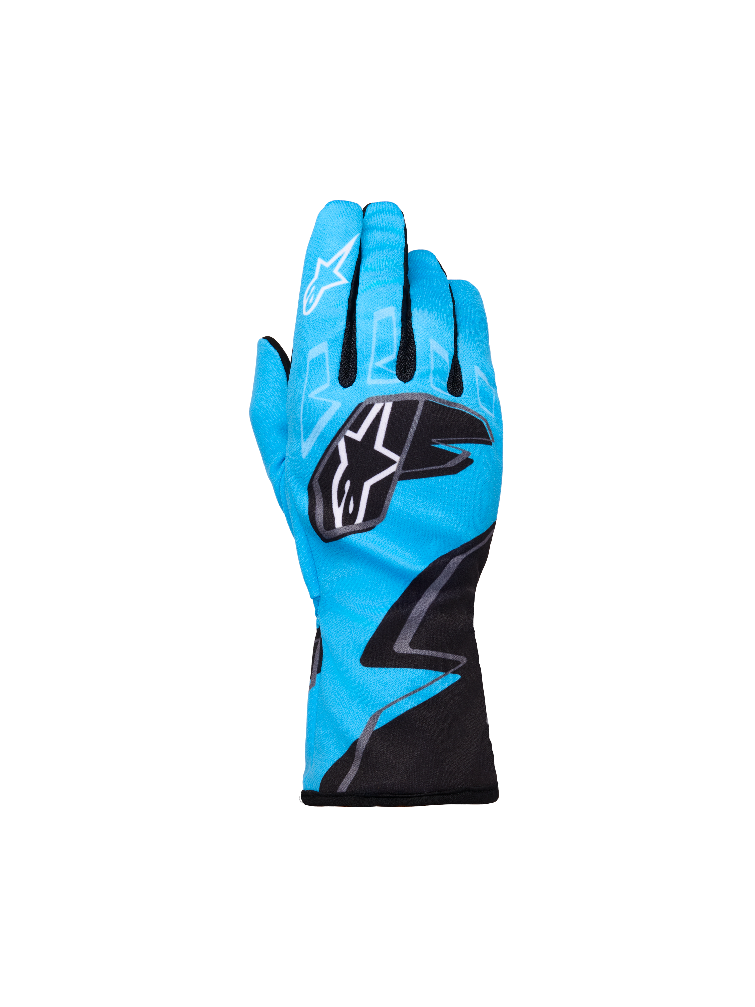 Alpinestars Youth Tech-1 K Race S V2 Graphic 1 Gloves, Karting Racing Gloves, Cyan blue with black and white accents, Alpinestars star logos on knuckles and index finger, zigzag graphic pattern, lightweight sporty protection for youth racers