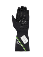 Alpinestars Tempest V3 Waterproof Gloves, palm side view of a black karting glove, featuring a silicone printed grip pattern, fluo green and silver accents on the gauntlet cuff, and an FIA 8877-2022 homologation label.