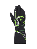 Alpinestars Tempest V3 Waterproof Gloves, Karting Gloves, Black with Fluo Green and silver accents, long gauntlet cuff design, featuring Alpinestars logo branding, durable textile construction for wet-weather racing
