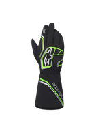 Alpinestars Youth Tempest V3 Waterproof S Gloves, Black with Neon Green and Silver accents, back view showing gauntlet style, fluo green geometric patterns and Astar logos, waterproof karting gloves for youth drivers