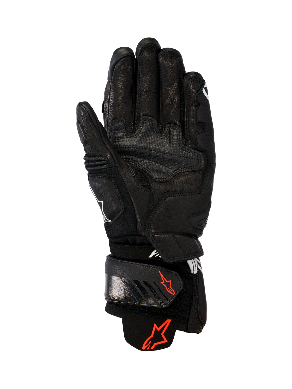 Alpinestars GP Plus R V3 Leather Gloves, Black, palm view showing durable leather construction, red Astars logos on the wrist strap and cuff, reinforced grip panels, and an adjustable closure for racing and sport performance.