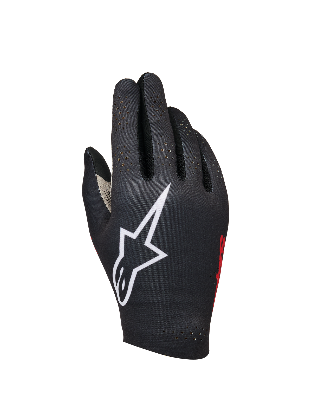 Alpinestars Sim Gloves Graphic 1, Sim Racing Gloves, Black with large white star logo, Red side branding, perforated design for ventilation, lightweight bonded stretch fabric