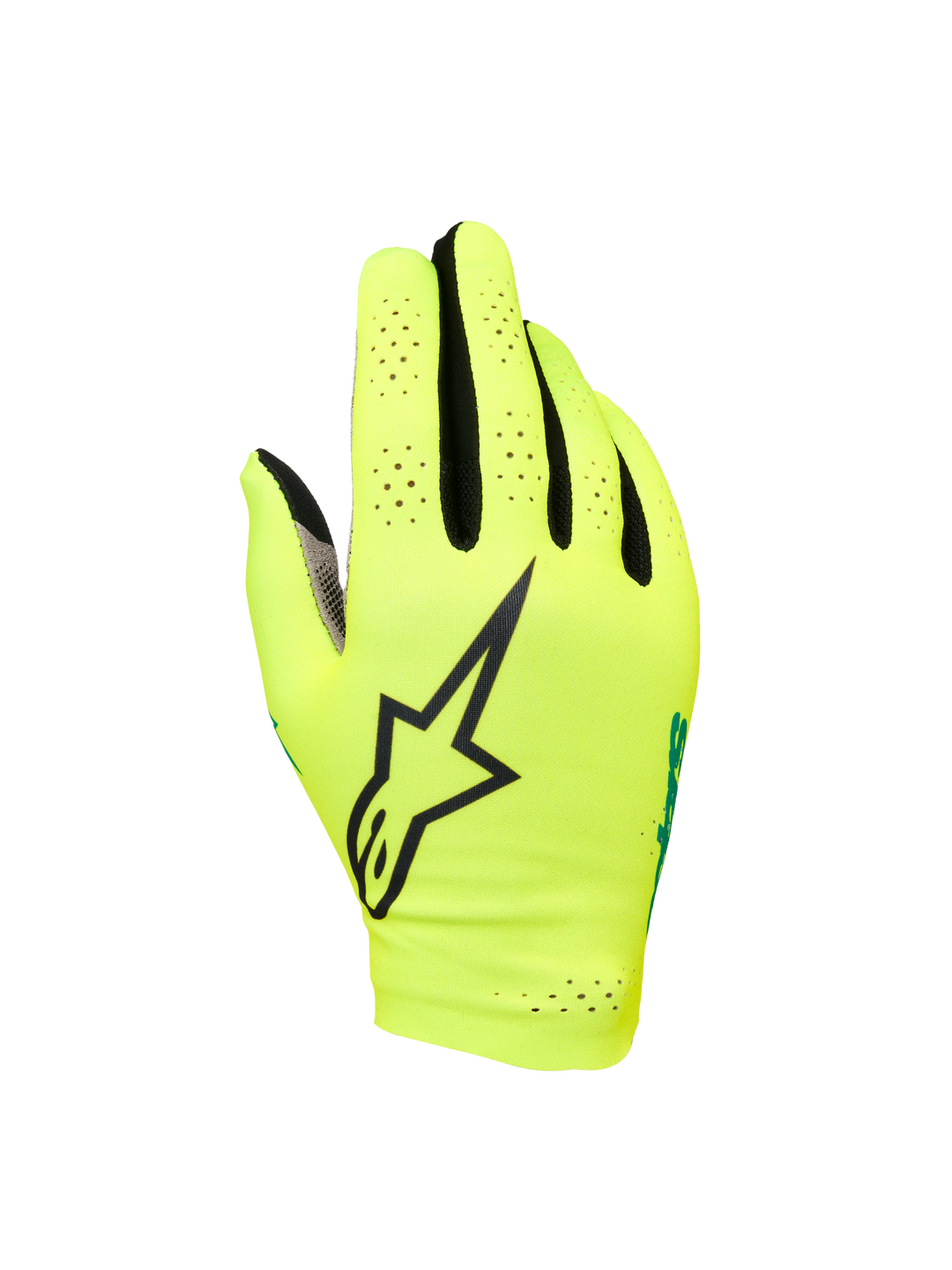 Alpinestars Sim Gloves Graphic 1, SIM Racing Gloves, Safety Yellow and Black with Turquoise accents, featuring large black star logo, perforated lightweight stretch material for ventilation, short cuff design for gaming precision