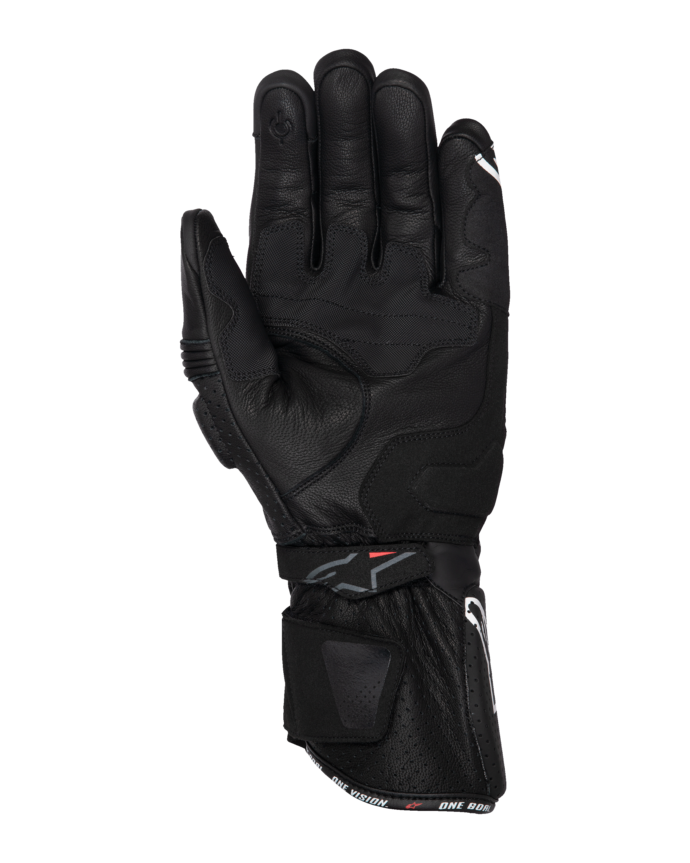 Alpinestars SP-3 Gloves, Black Motorcycle Gloves, palm view featuring full leather construction, long gauntlet cuff with dual closure system, palm grip reinforcements, and touchscreen-compatible fingertip, racing-inspired road gear
