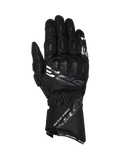 Alpinestars SP-3 black goat leather motorcycle racing gloves with a long cuff and integrated knuckle protection.
