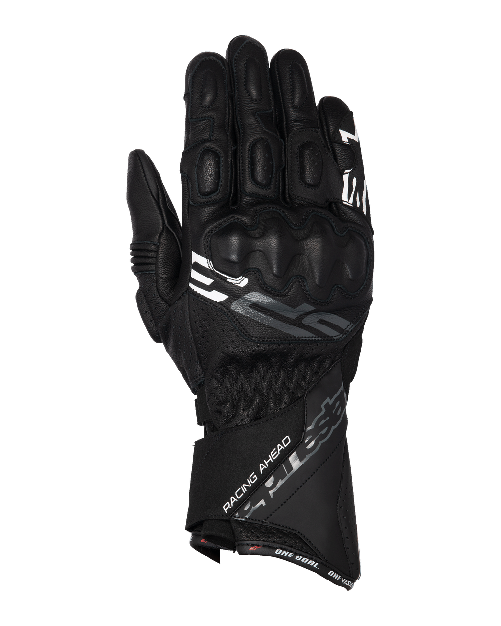 Alpinestars SP-3 Gloves, Long Cuff Motorcycle Racing Gloves, Black with White and Gray Accents, PU Covered Knuckle Protection, Textured Leather Construction with Perforated Details, Adjustable Gauntlet Wrist Strap