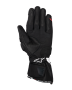 Alpinestars SP-3 Gloves, Black leather motorcycle gloves, palm view featuring reinforced grip panels, touchscreen-compatible index finger, long cuff with white logo on the wrist strap and 'ONE GOAL. ONE VISION.' branding on the hem.