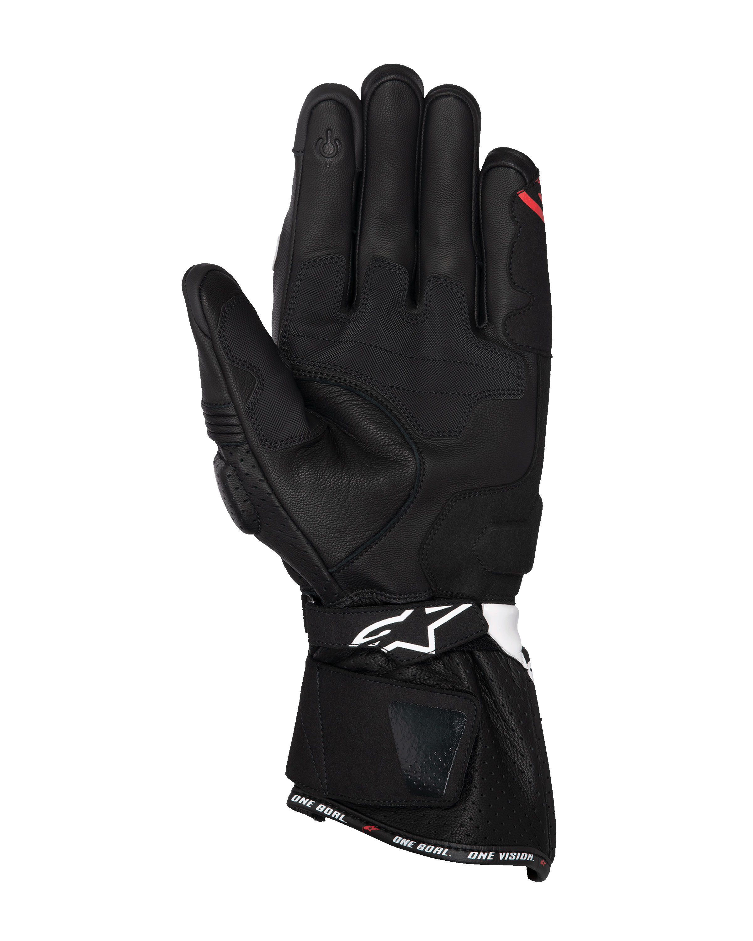 Alpinestars SP-3 Gloves, Black leather motorcycle gloves, palm view featuring reinforced grip panels, touchscreen-compatible index finger, long cuff with white logo on the wrist strap and 'ONE GOAL. ONE VISION.' branding on the hem.