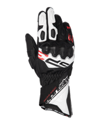 Alpinestars SP-3 Gloves, Motorcycle Racing Gloves, Black White and Red Fluo, long cuff design with reinforced knuckle protection, perforated leather construction, featuring 'Racing Ahead' text and bold Alpinestars branding
