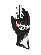 Alpinestars SP-3 long cuff road racing gloves, black, white, and red leather with CE certified knuckle protection.