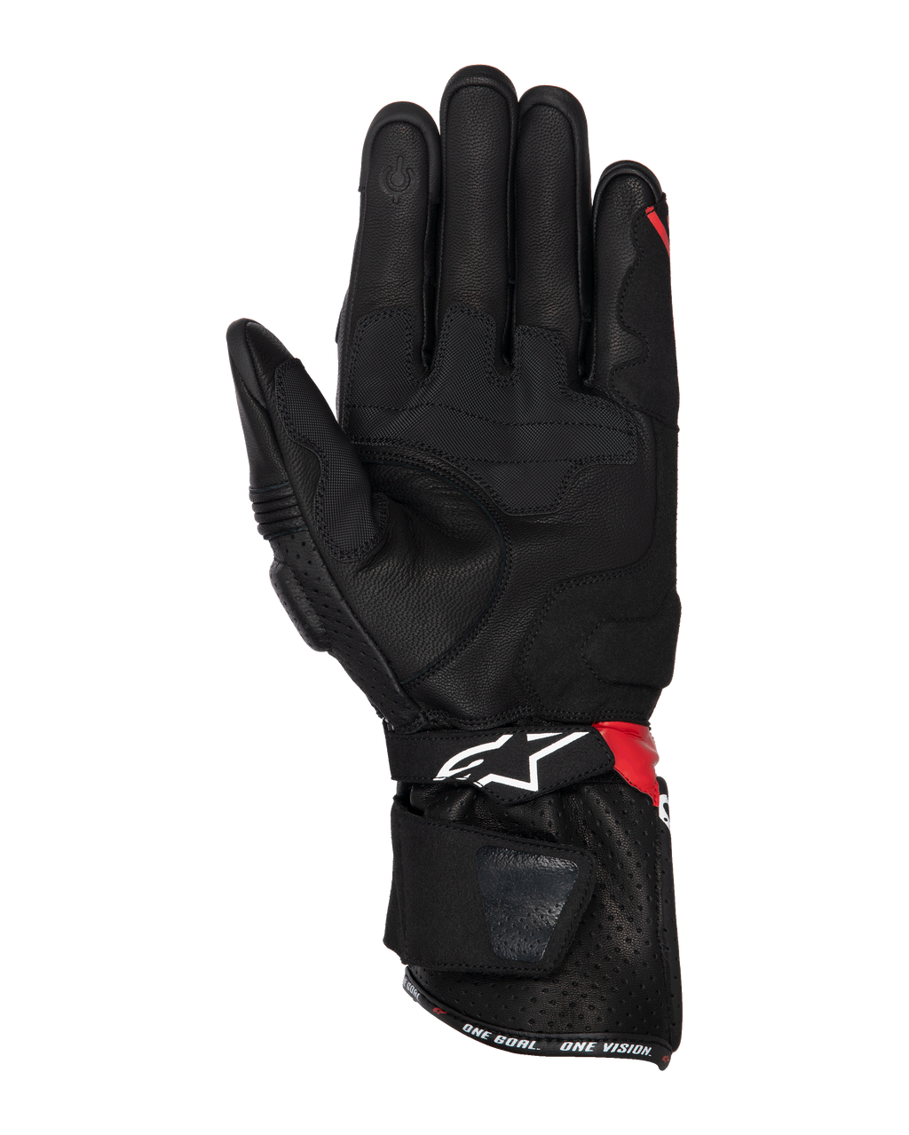 Alpinestars SP-3 Gloves, Motorcycle Gloves, Black Bright Red and White, palm view showing leather construction with grip reinforcements, touchscreen-compatible fingertip, long cuff with white logo and red accents, sport and racing design.