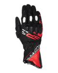 Alpinestars SP-3 Gloves, Long Cuff Motorcycle Racing Gloves, Black with Bright Red and White Accents, PU-covered knuckle protection, white perforated finger panels, race-inspired design with bold branding, durable goat leather construction