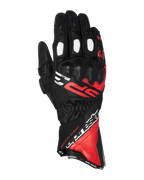 Alpinestars SP-3 Gloves, Long Cuff Motorcycle Racing Gloves, Black with Bright Red and White Accents, PU-covered knuckle protection, white perforated finger panels, race-inspired design with bold branding, durable goat leather construction