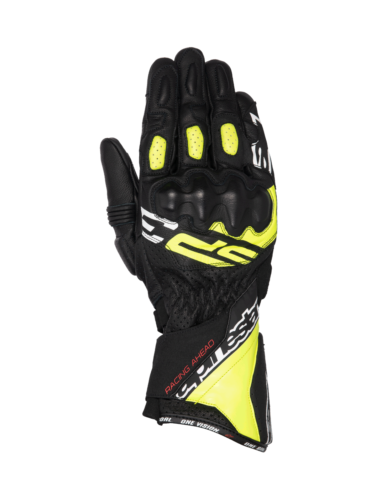 Alpinestars SP-3 Gloves, racing motorcycle gloves for men, black and yellow fluo leather with CE knuckle protection.