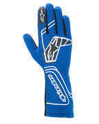 Alpinestars Tech-1 Start V4 Gloves FIA, Auto Racing Gloves, Royal Blue, featuring white geometric branding and black star logos, extended cuff with vertical Alpinestars text, sleek seamless construction for lightweight performance, FIA certified professional racing gear