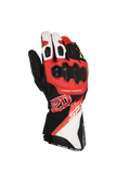 Alpinestars FQ20 SP-3 Monster Gloves, Motorcycle Racing Gloves, Black Red Fluo and White, featuring long cuff design, hard knuckle protection, prominent '20' graphic, and SP-3 branding, leather construction for sport and road riding