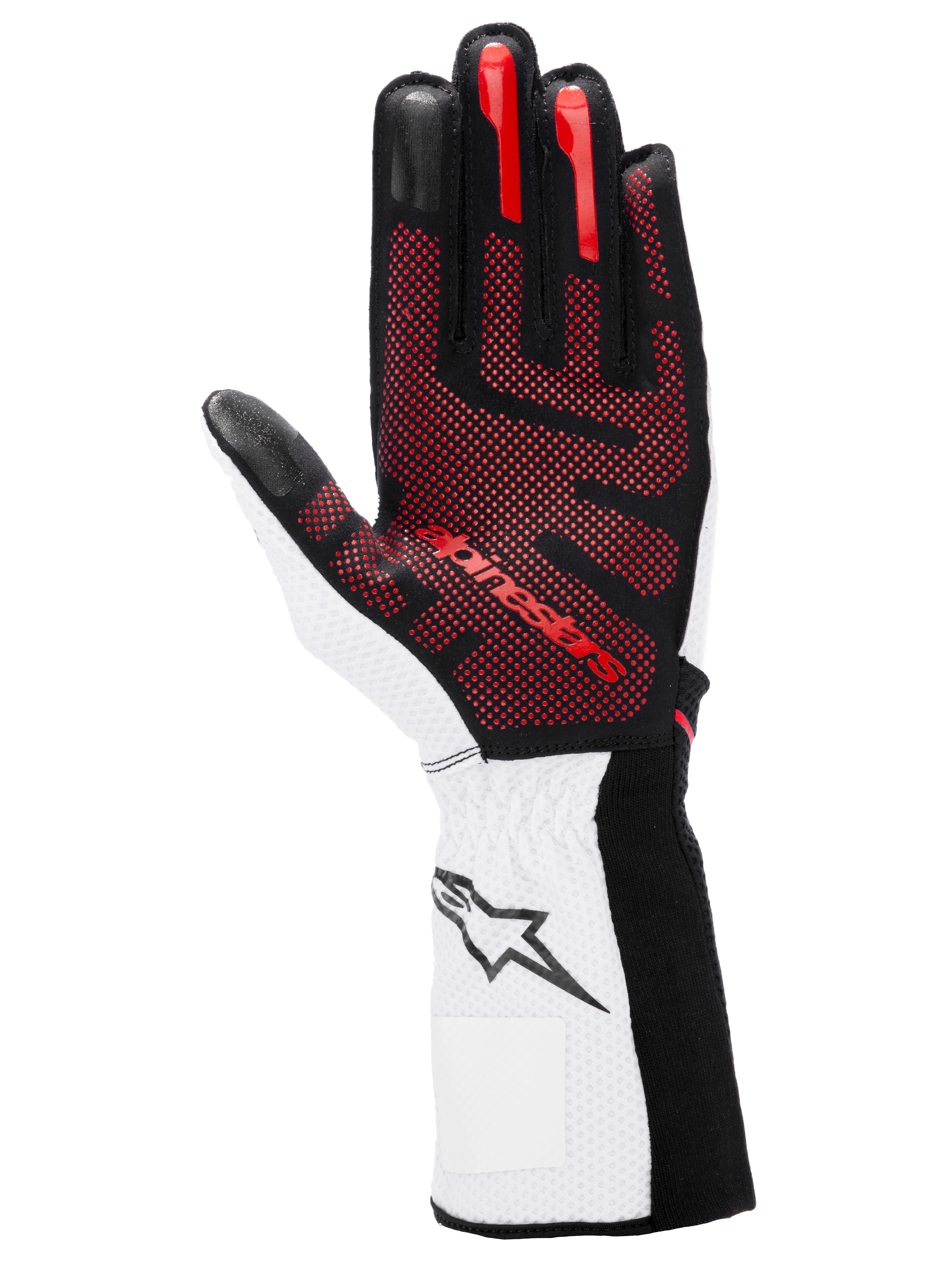 Alpinestars Tech-1 KX V4 Gloves, Karting Gloves, Black White and Red, palm view featuring red 3D silicone grip pattern, white wrist with black star logo, high-performance motorsport design