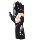 Alpinestars Tech-1 KX V4 Gloves, Karting Gloves, Black and Fluorescent Orange, showing breathable mesh construction, orange and white graphic details, Alpinestars logo on knuckles and cuff, professional racing design