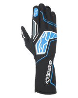 Alpinestars Tech-1 KX V4 Gloves, Karting Gloves, Black and Blue, featuring dual-layer breathable mesh, blue and white graphic patterns with Alpinestars logo, sporty design for competitive karting
