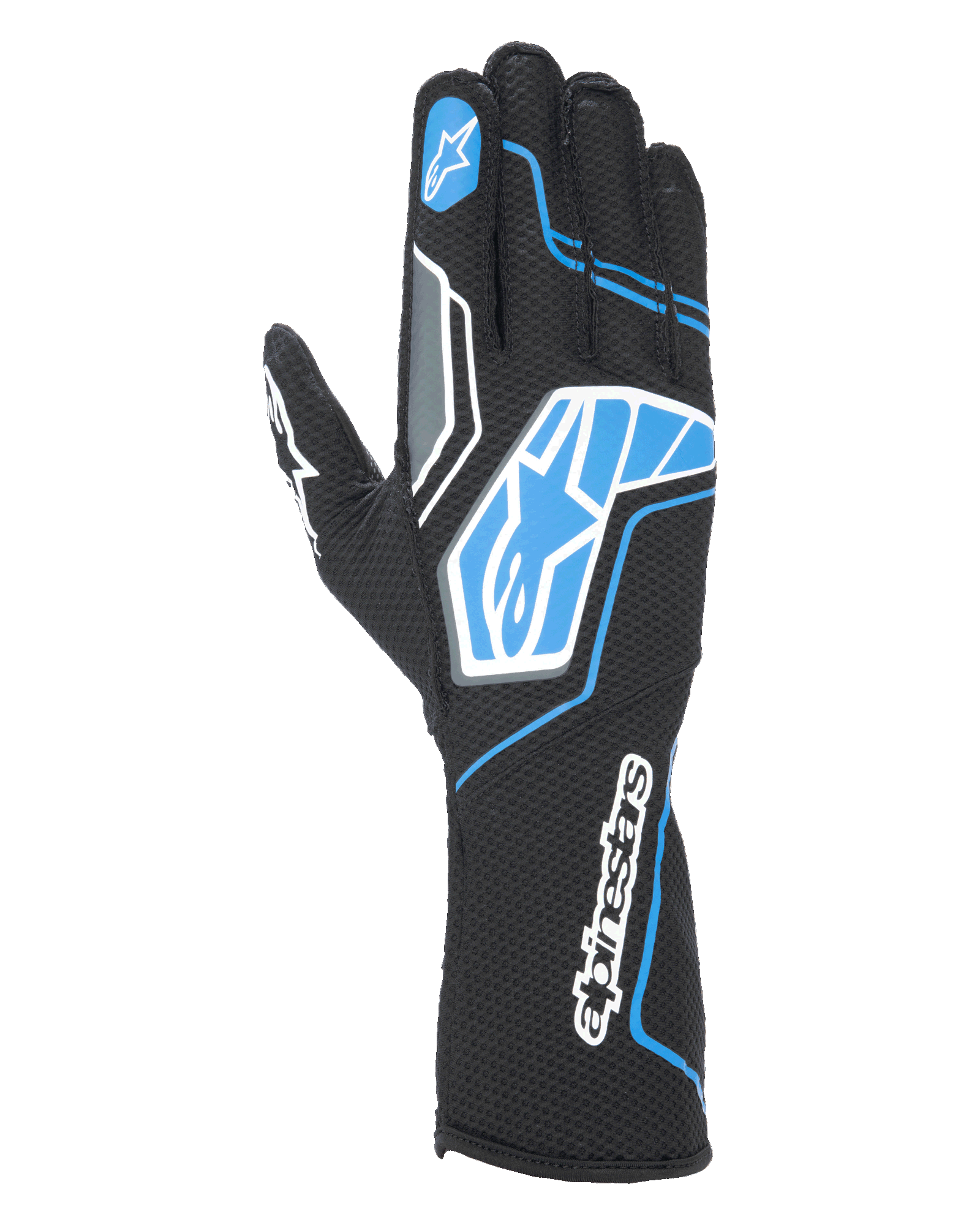 Alpinestars Tech-1 KX V4 Gloves, Karting Gloves, Black and Blue, featuring dual-layer breathable mesh, blue and white graphic patterns with Alpinestars logo, sporty design for competitive karting