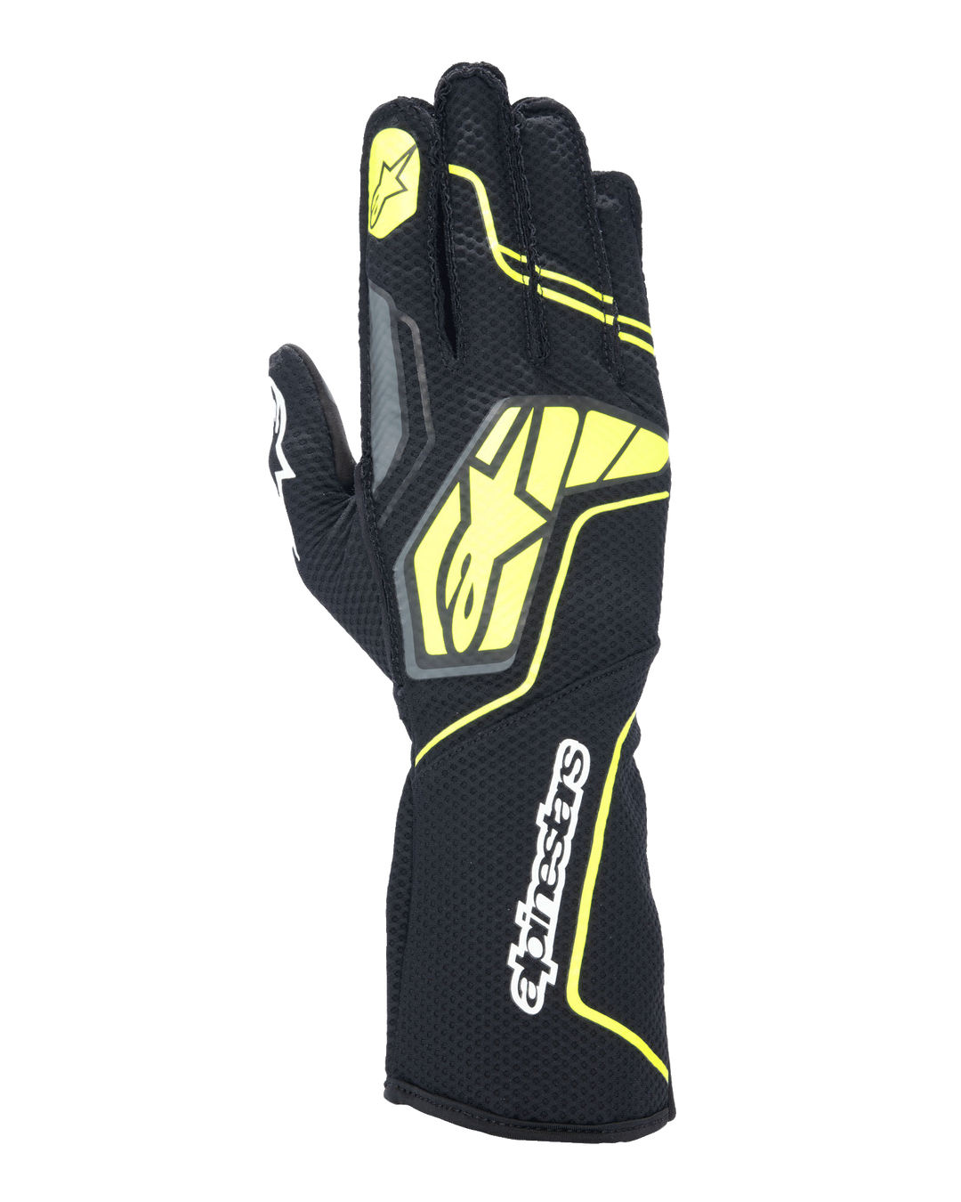 Alpinestars Tech-1 KX V4 Gloves, Karting Racing Gloves, Tar Gray, Black and Yellow Fluo, backhand view featuring breathable mesh construction, large yellow Alpinestars logo, white wordmark on the wrist, yellow star on index finger, modern sporty design