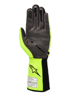 Alpinestars Tech-1 KX V4 Gloves, Karting Gloves, Yellow Fluo and Black, palm view featuring grey synthetic suede with 3D silicone grip pattern, FIA homologation tag on the ribbed cuff, performance racing design