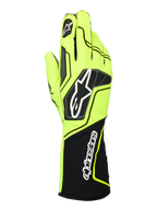 Alpinestars Tech-1 KX V4 Gloves, Karting Racing Gloves, Yellow Fluo and Black, back view featuring a breathable dual-layer mesh construction, prominent Astar logo on the hand, and Alpinestars wordmark on the extended ribbed cuff, ergonomic performance design.