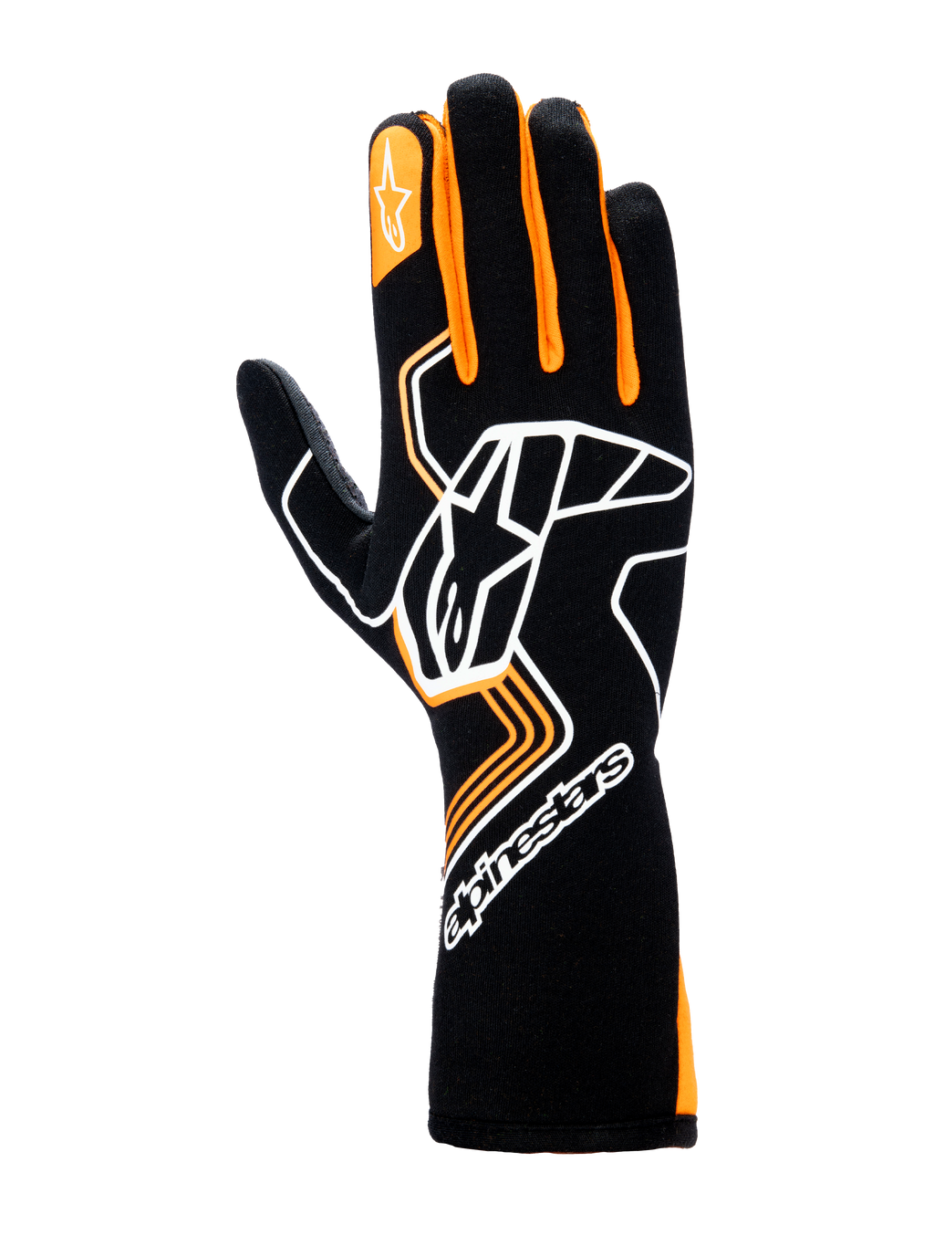 Alpinestars Tech-1 Race V4 Gloves, Auto Racing Gloves, Black and Orange Fluo, featuring a large white Astar logo on the back of the hand, orange finger accents, and a high-cuff gauntlet design for professional motorsports protection
