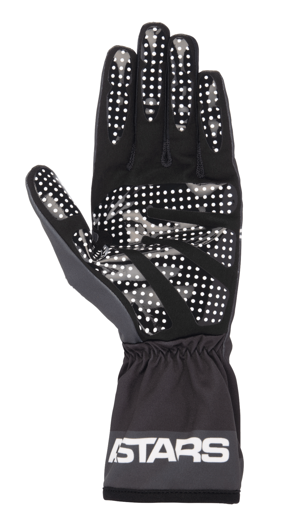 Alpinestars Tech-1 K Race V2 One Vision Gloves, Black and Tar Gray, palm view featuring white silicone dotted grip pattern, elasticated cuff with ASTARS logo, lightweight karting gear