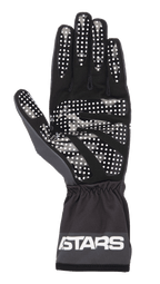Alpinestars Tech-1 K Race V2 One Vision Gloves, Black and Tar Gray, palm view featuring white silicone dotted grip pattern, elasticated cuff with ASTARS logo, lightweight karting gear