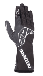 Alpinestars Tech-1 K Race V2 One Vision Gloves, Karting Racing Gloves, Black and Tar Gray, featuring white star logo on the back and finger, ASTARS branding on the cuff, sleek design with long gauntlet cuff