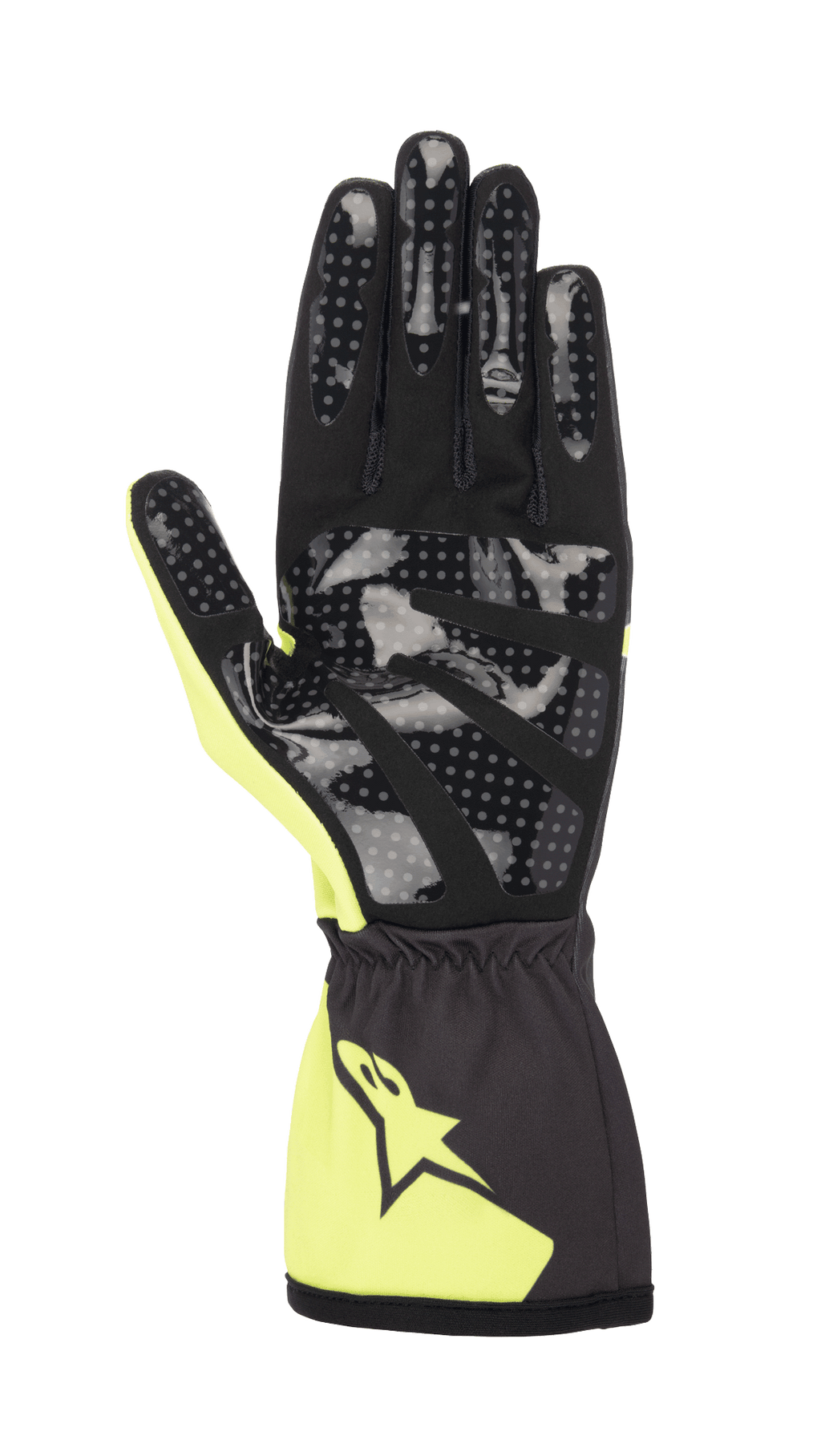 Alpinestars Youth Tech-1 K Race S V2 Corporate Gloves, Karting Gloves, Anthracite and Lime, palm view showing dotted silicone grip print, synthetic suede palm, and elasticated cuff with Alpinestars logo