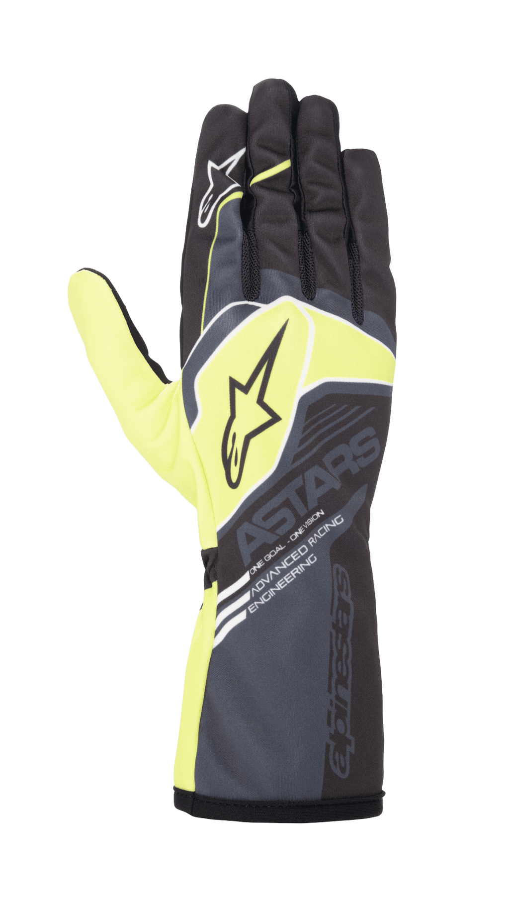 Alpinestars Youth Tech-1 K Race S V2 Corporate Gloves, Karting Racing Gloves, Anthracite and Lime Green, featuring star logos and 'ASTARS' branding, long gauntlet cuff with 'Advanced Racing Engineering' text, performance racing design for youth drivers