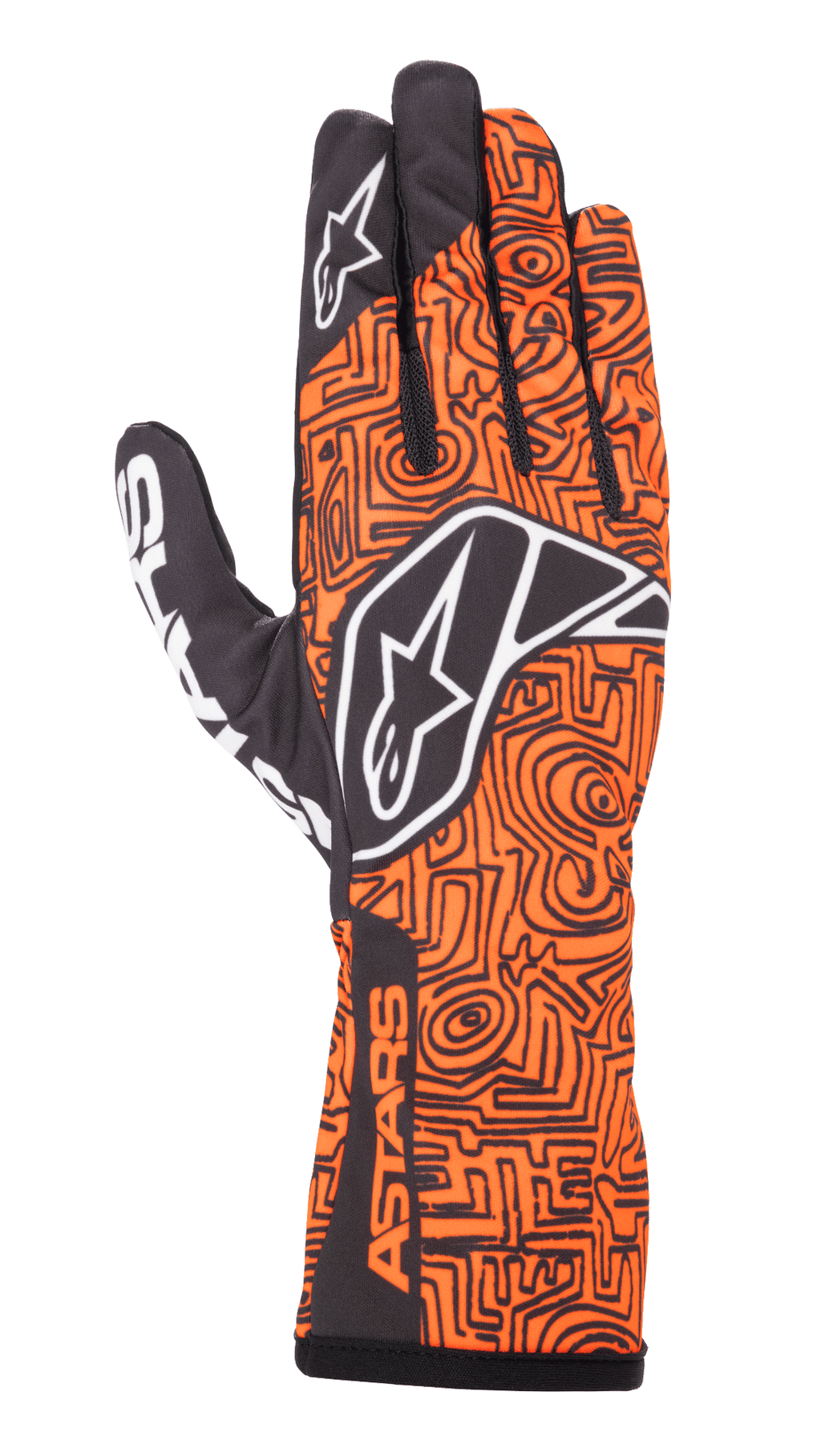 Alpinestars Tech-1 K Race V2 Vertical Gloves, Karting Racing Gloves, Orange Fluo and Black, featuring an intricate black maze-like geometric pattern, white Alpinestars logo on the back and index finger, ASTARS branding on the side wrist, lightweight breathable mesh design