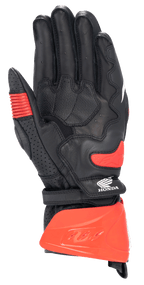 Alpinestars Honda GP Pro R3 Gloves, Racing Sport Gauntlet Gloves, Black and Bright Red, palm view featuring a red hard cuff protector, palm slider, and Honda logo, professional motorcycle racing gear