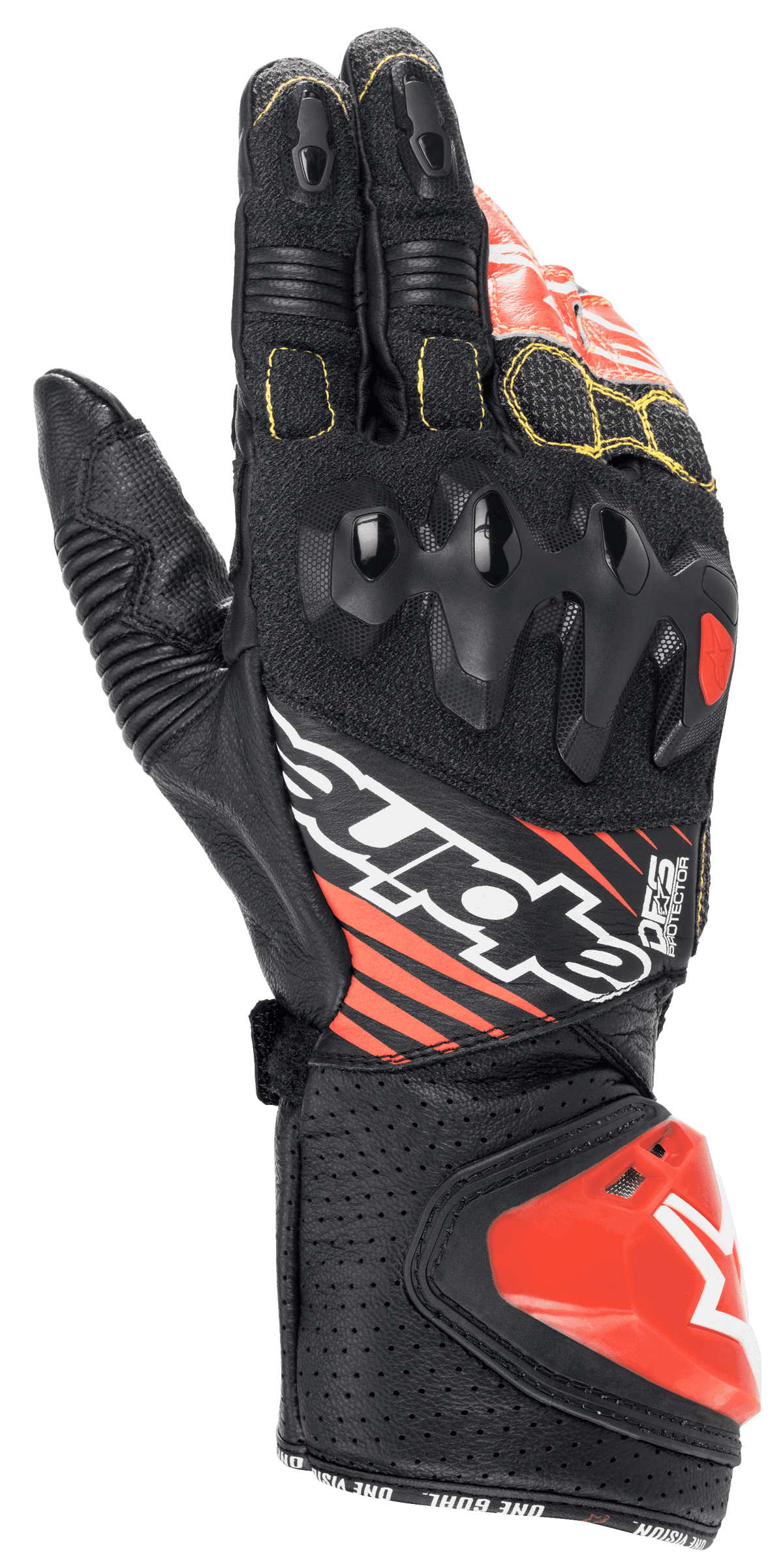 Alpinestars GP Tech V2 Gloves, Motorcycle Racing Gloves, Black White and Red Fluo, featuring dual-density knuckle protector, perforated leather with yellow stitching, red DFS cuff impact slider, professional racing design