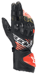 Alpinestars GP Tech V2 Gloves, Motorcycle Racing Gloves, Black White and Red Fluo, featuring dual-density knuckle protector, perforated leather with yellow stitching, red DFS cuff impact slider, professional racing design