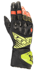 Alpinestars GP Tech V2 Gloves, Motorcycle Racing Gloves, Black with Yellow Fluo and Red accents, featuring hard knuckle armor, perforated leather cuff with DFS branding, and accordion stretch panels for optimal flexibility.