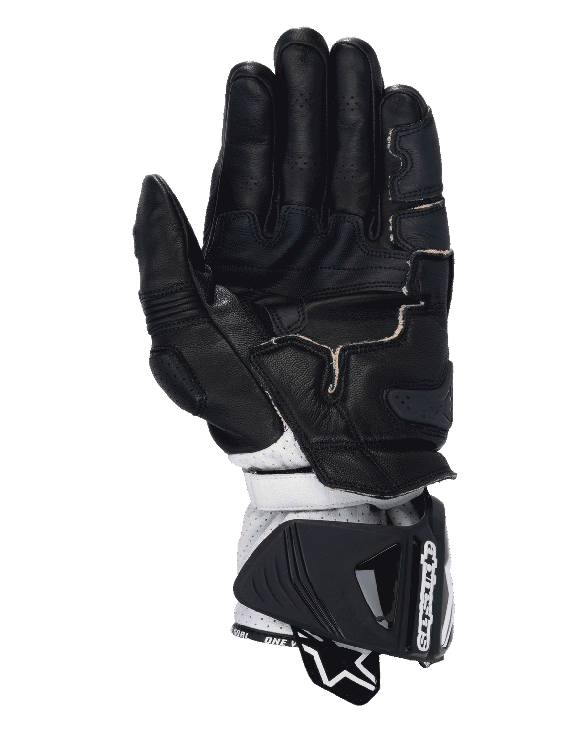 Alpinestars GP Pro R4 Gloves, Racing Motorcycle Gloves, Black Red Fluo White, palm view featuring black leather construction with perforated fingers, grip reinforcements, and white leather wrist section with a large protective gauntlet cuff.