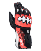 Alpinestars GP Pro R4 Gloves, Motorcycle Racing Gloves, Black Red Fluo and White, featuring DFS knuckle and cuff protectors, perforated leather construction, GP Pro branding on the gauntlet, high-performance racing gear