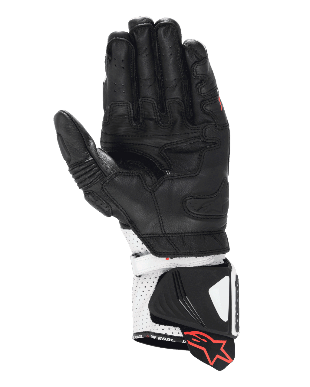 Alpinestars GP Pro R4 Gloves, Racing Gauntlet Gloves, Black and White, palm side view showing high-performance leather construction, perforated cuff with hard sliders and red logo accents