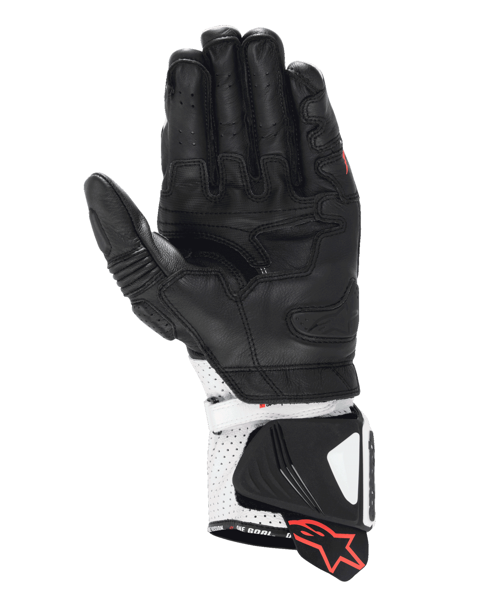 Alpinestars GP Pro R4 Gloves, Racing Gauntlet Gloves, Black and White, palm side view showing high-performance leather construction, perforated cuff with hard sliders and red logo accents